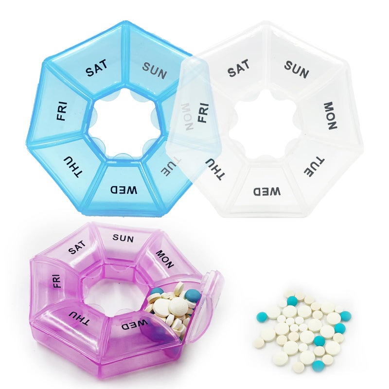 Weekly Pill Box Organiser Round, 3Pcs Portable Pill Box 7 Days, Pill Dispensers Medicine Storage Box Organiser Travel, Separate 7 Compartments for Travel (Pink Blue Transparent)